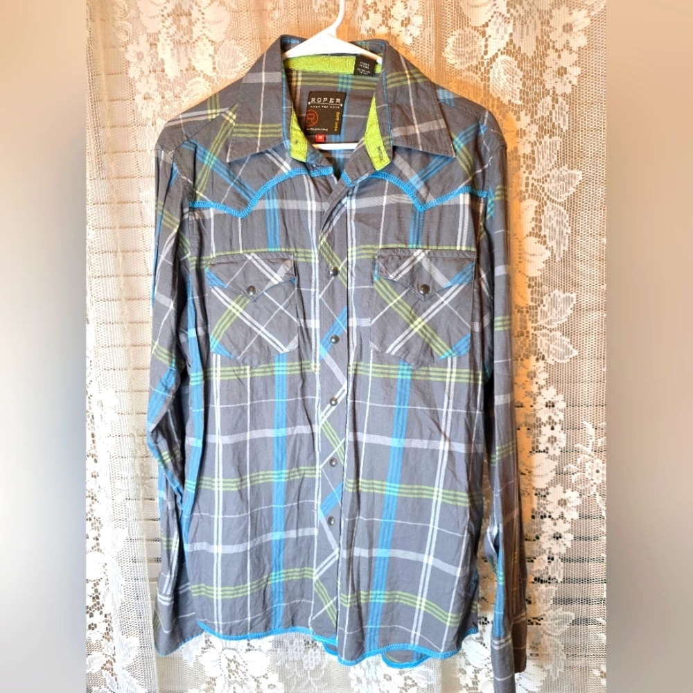 Roper Blue and Green Plaid Shirt, Mens Med. Pearl Snap